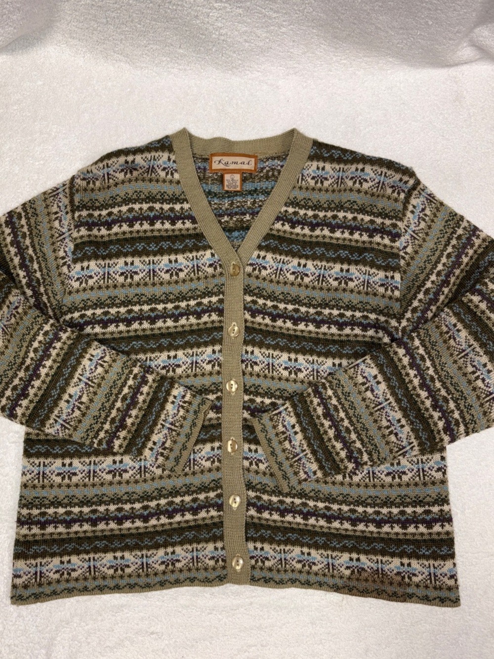 Kamal Olive Multi-Striped Fair Isle Cardigan Sweater wool blend vintage lg